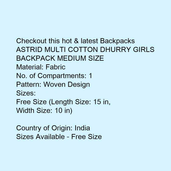 ASTRID MULTI COTTON DHURRY GIRLS BACKPACK MEDIUM SIZE - 5.0