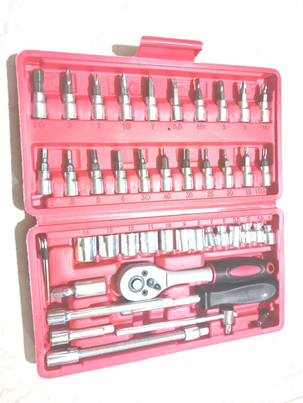 Tool Kit 46 Pieces Drive Socket Set Auto Repair Hand Tool Ratchet Wrench Set - Product Breadth: 1 Cm Product Height: 1 Cm Product Length: 1 Cm, Red