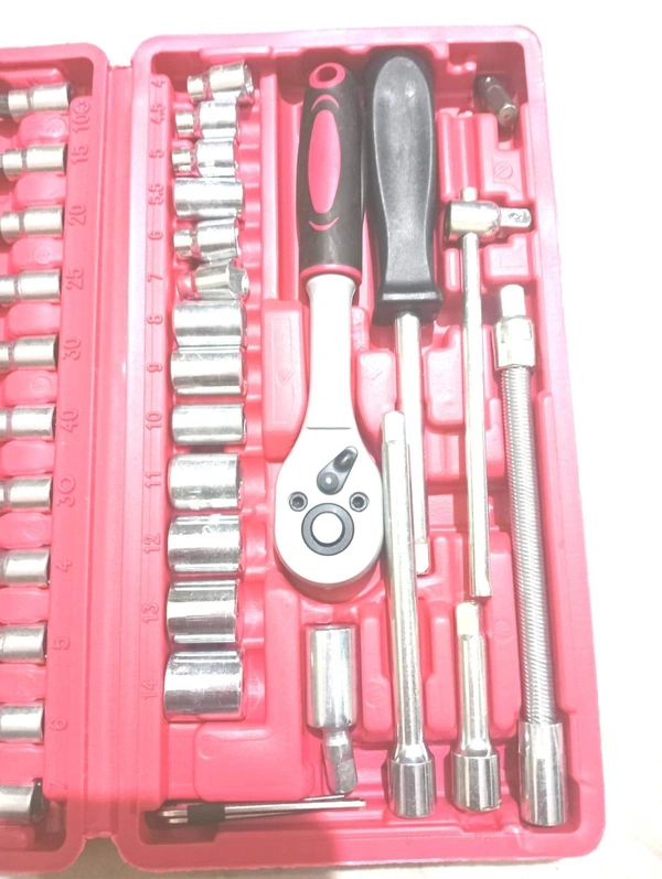 Tool Kit 46 Pieces Drive Socket Set Auto Repair Hand Tool Ratchet Wrench Set - Product Breadth: 1 Cm Product Height: 1 Cm Product Length: 1 Cm, Red