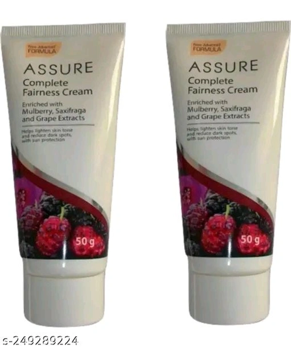 ASSURE Complete Fairness Cream Enriched With Mulberry, Saxifraga And Grapes Extract (pack Of 2)Name: ASSURE Complete Fairness Cream Enriched With Mulberry, Saxifraga And Grapes Extract (pack Of 2)Product Name: ASSURE Complete Fairness Cream Enriched With Mulberry, Saxifraga And Grapes Extract (pack Of 2)Skin Tone: Medium/WheatishShade: 15 FairType: CreamNet Quantity (N): 2Concern: