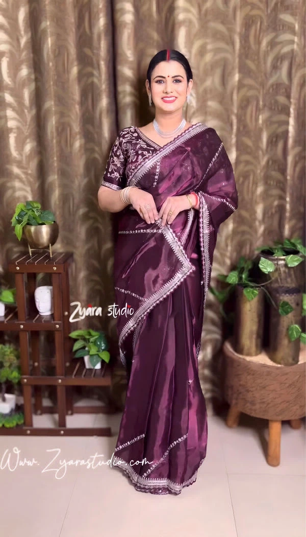 Most Beautiful Collection In Tissu Silk Silk Fabric With Sequence Embroidery Work Saree JIMMI Wine