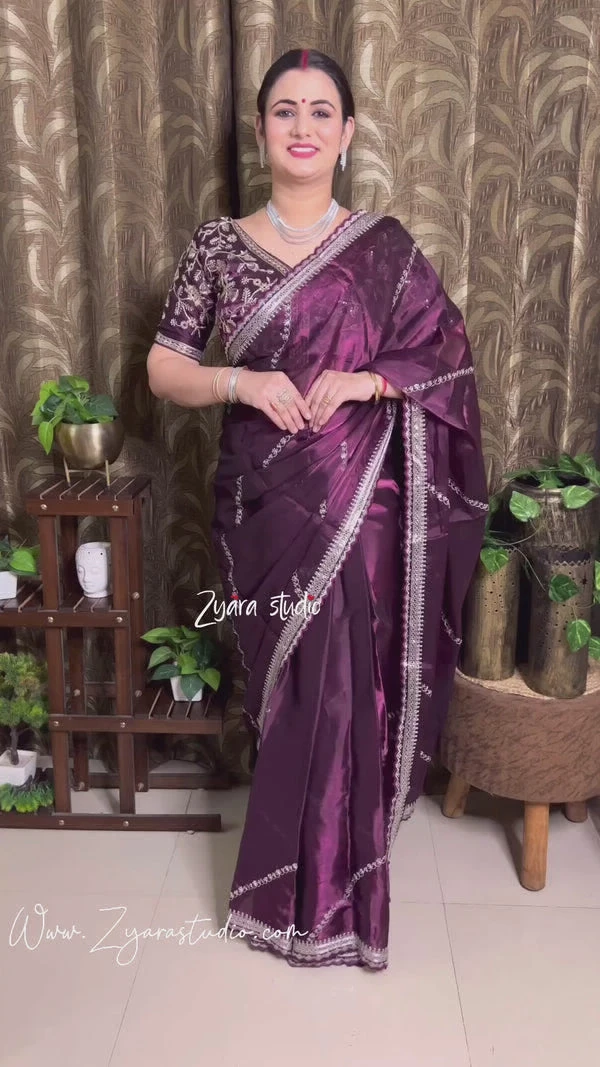 Most Beautiful Collection In Tissu Silk Silk Fabric With Sequence Embroidery Work Saree JIMMI Wine