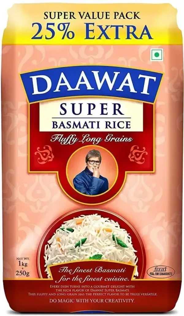 Daawat Super Basmati Rice Super Value Pack 25% Extra Pouch, 1.25 kg - 1.25 kg