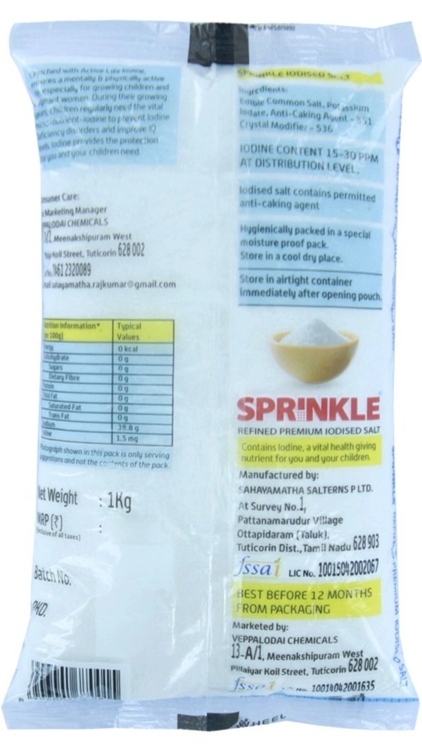 Sprinkle Salt Refined Premium Iodised Salt, 1 kg - 1 Kg