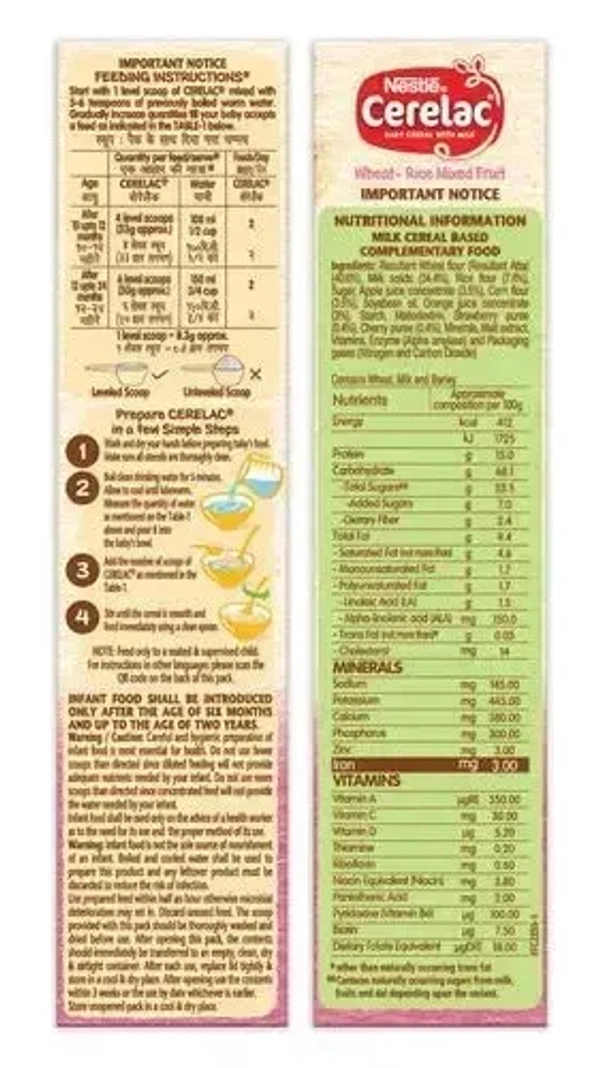 Nestle Cerelac Wheat Rice Mixed Fruit 10 To 24 Months Carton, 300g - 300g