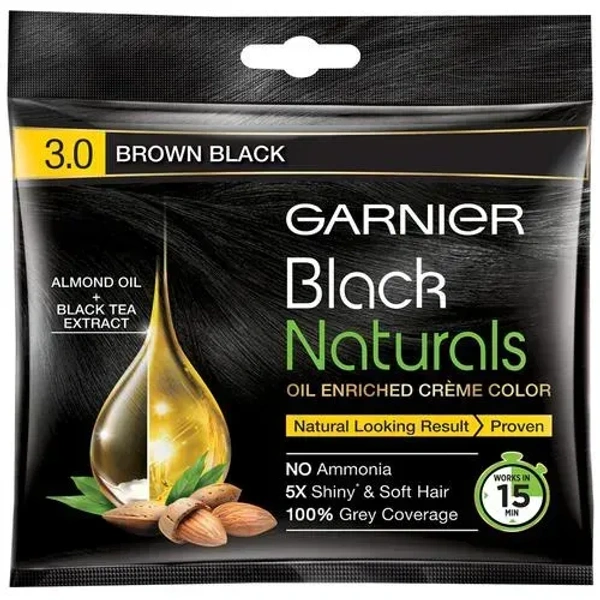 Garnier Black Naturals Oil Enriched Creme Color Shade 3.0 Brown Black, 20 ml + 20g - 20 ml + 20g
