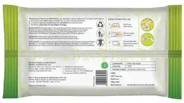 Bodyguard BodyGuard Premium Paraben Free Baby Wet Wipes with Aloe Vera (1 Pack, 72 each), 72 wipes