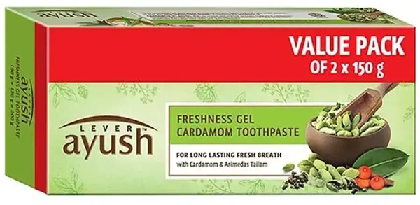 Lever Ayush Freshness Gel Cardamom Toothpaste Value Pack (2X150g), 300g - 300g