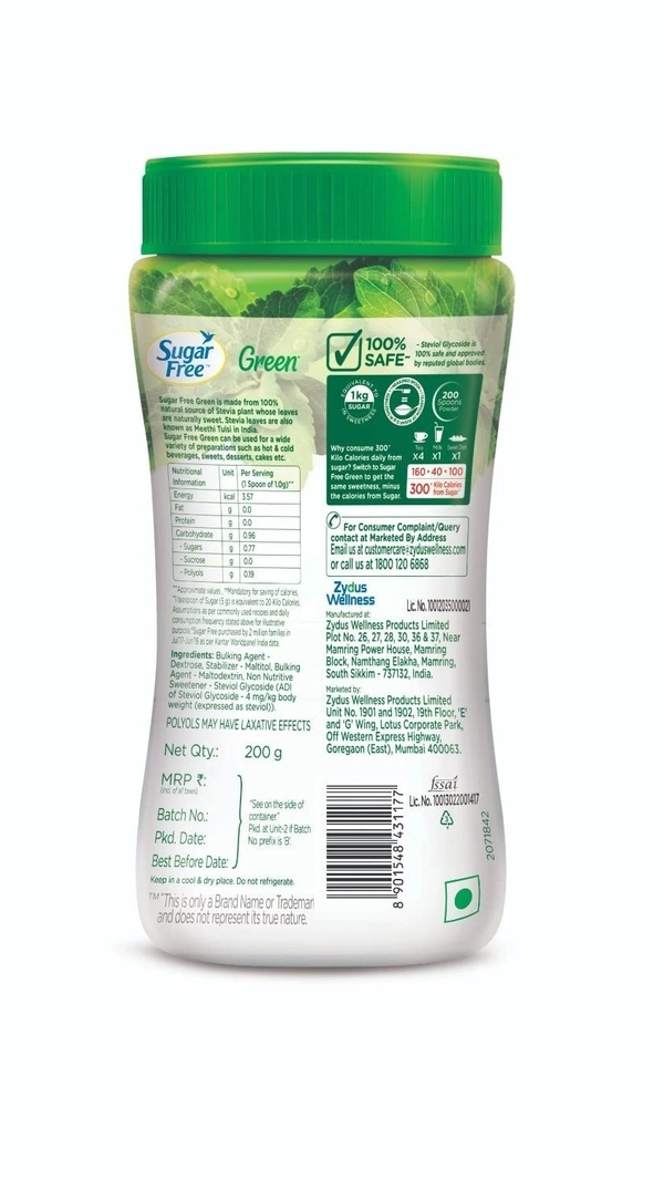 Sugar Free Green Sweetener - With Natural Stevia, Zero Calories, 200 g Jar - 200g