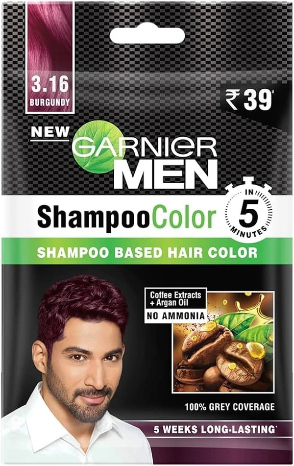 Garnier Men Shampoo Color Shade 3.16 Burgundy, 10 ml + 10 ml - 10 ml + 10 ml
