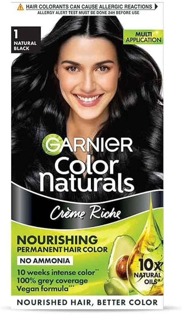 Garnier Color Naturals Cr�me Hair Colour (Women) Shade 1 Natural Black, 70 ml + 60g - 70 ml + 60g