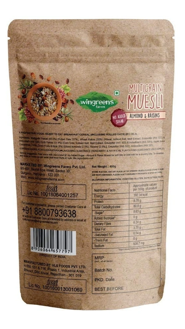 Wingreens Multigrain Muesli Almond& Raisins, 400g - 400g