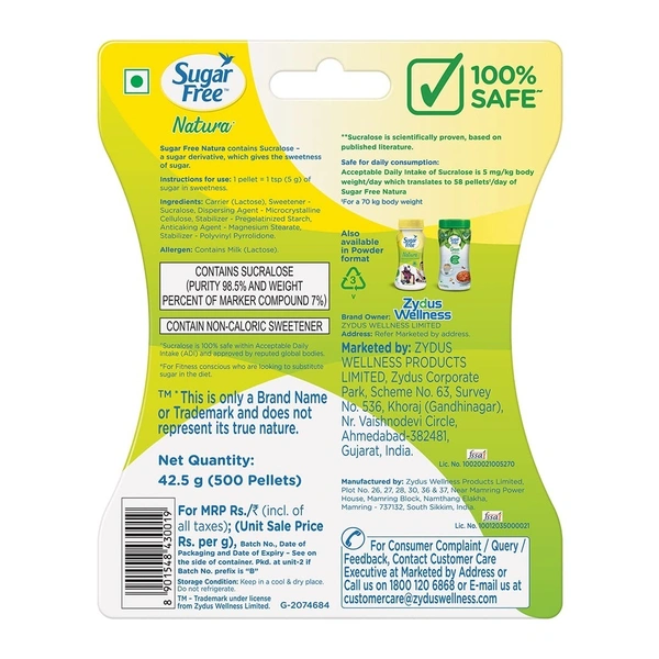 Sugar Free Natura Sweetener Zero Calories, 500 Pellets - 500 Pellets