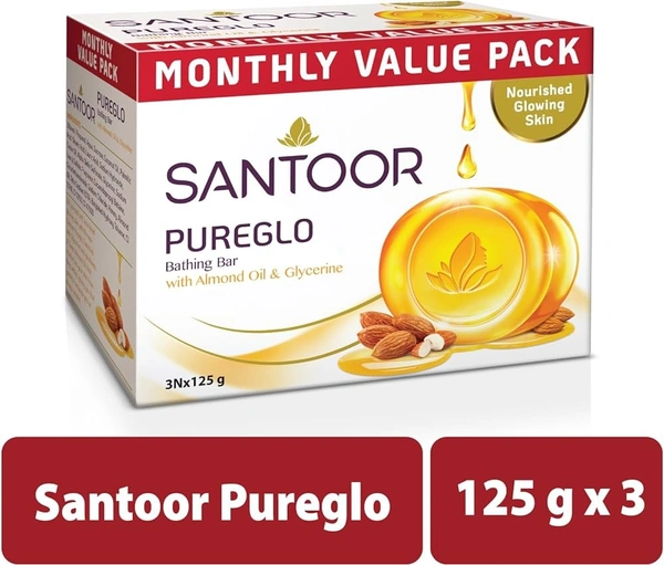Santoor PureGlo Glycerine Bathing Bar Soap with Almond Oil, 125 gm (Pack of 3) - 125gm