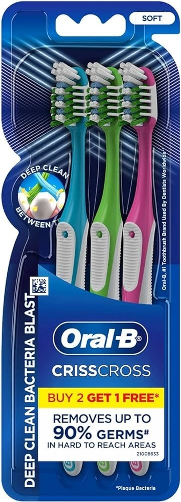 Oral-B Toothbrush Crisscross Anti-Bacterial Bristle Soft, 3 pcs - 3 pcs