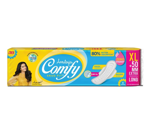 Comfy Snug Fit Sanitary Pads - XL Extra Long, 280 mm With Wings, Anti-Leak System, 6 pcs Pouch - 6 Nos