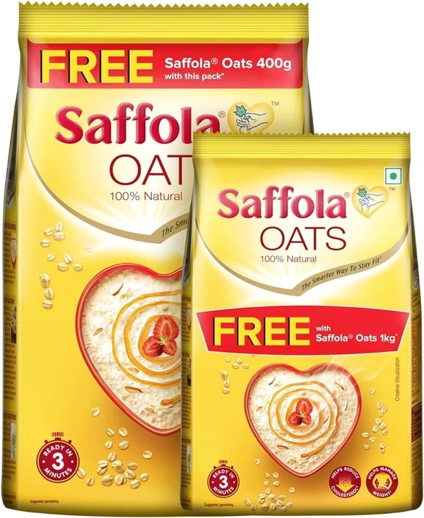 Saffola Oats 100% Natural Pouch With 400g Free, 1 kg + 400g - 1 kg + 400g