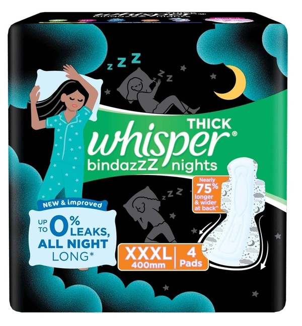 Whisper Bindazzz Nights Sanitary Pads XXXL, 4 pads - 4 pads
