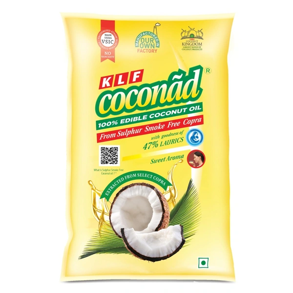 KLF Coconad Edible Coconut Cooking Oil, 1L Pouch - 1Ltr