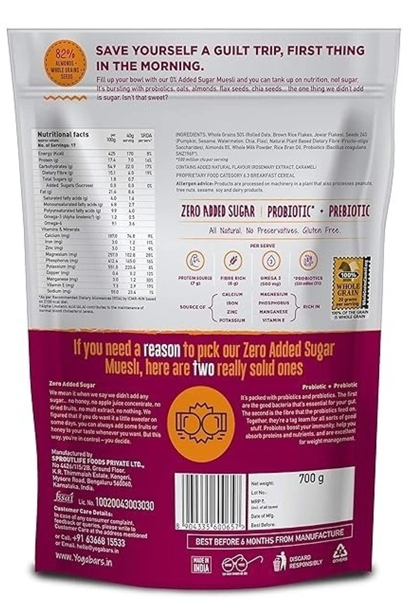 Yoga Bar Super Muesli 0% Added Sugar (Almonds + Seeds + Whole Grains) Pouch, 400g - 400g