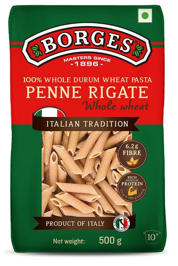 Borges Penne Rigate Whole Wheat Pasta, 500g - 500g