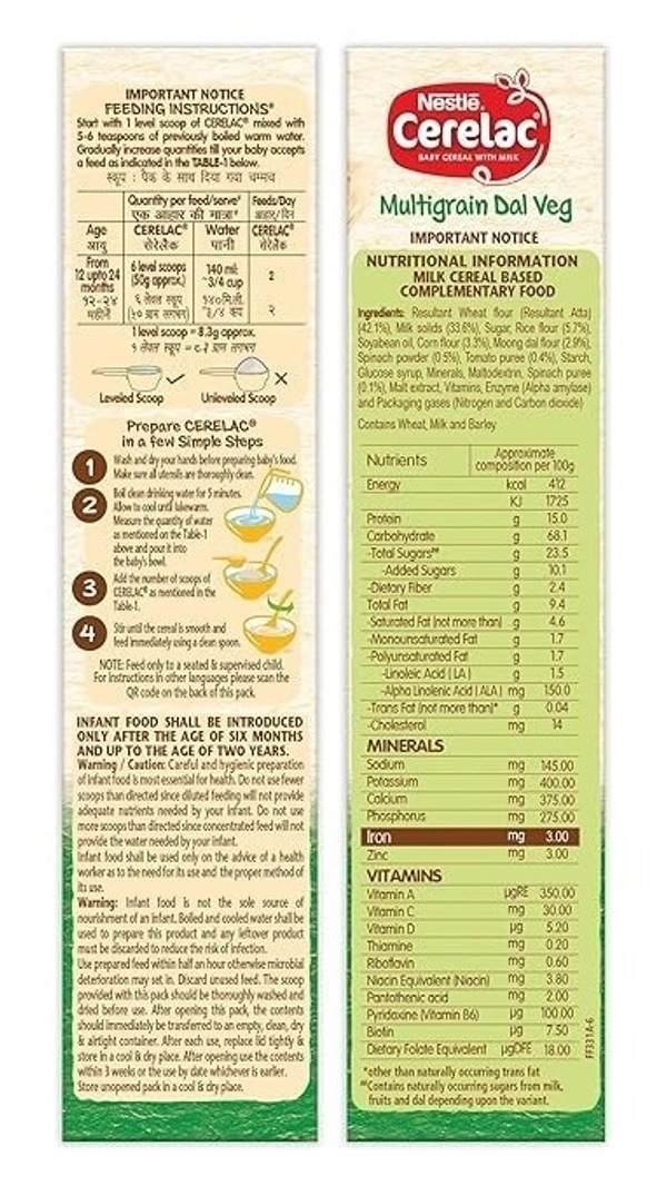 Nestle Cerelac Baby Cereal With Milk Multigrain Dal Veg From 12 To 24 Months Carton, 300g - 300g