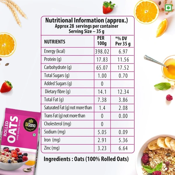 Disano Oats Whole Grain High in Fibre Protein& iron Pouch, 1 kg - 1 Kg