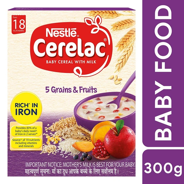 Nestle Cerelac Baby Cereal with Milk , 5 Grains & Fruits ,Stage 5, From 18 to 24 Months - 300g