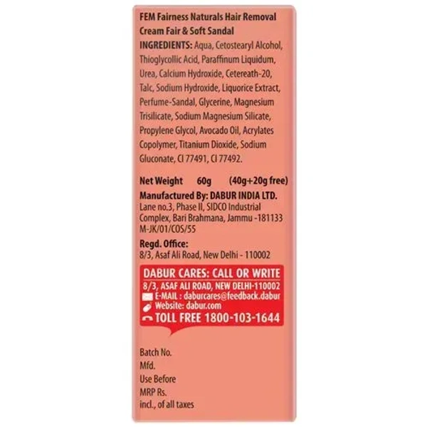 Fem Fairness Naturals Hair Removal Cream Fair& Soft Sandal Dry Skin, 40g - 40g