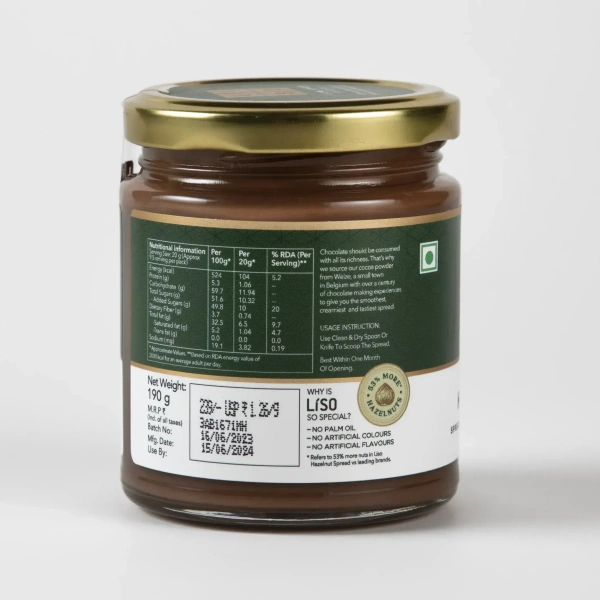 Liso Hazelnut Spread With Belgian Cocoa Powder Jar, 190g - 190g