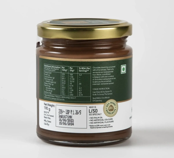 Liso Hazelnut Spread With Belgian Cocoa Powder Jar, 190g - 190g