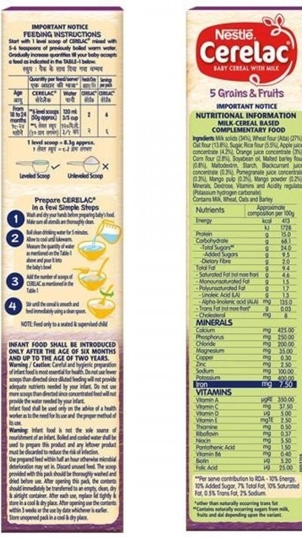 Nestle Cerelac Baby Cereal With Milk 5 Grain& Fruits From 18 To 24 Months Carton, 300g - 300g