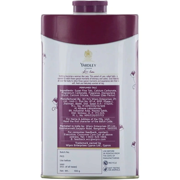 Yardley London Lace Satin Perfumed Talc, 250g - 250g