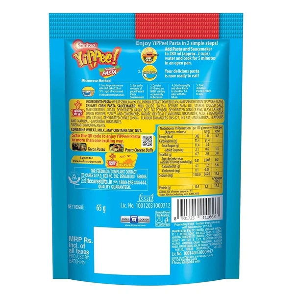 Yippee Sunfeast Yippee Pasta Tricolor Creamy Corn, 65g - 65g