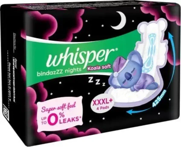 Whisper Bindazzz Nights Koala Soft Sanitary Pads XXXL+, 4 pads - 4 pads