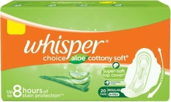 Whisper Choice Aloe Cottony Soft Sanitary Pads Regular, 20 pads - 20 pads