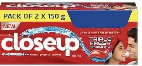 Close Up Closeup Toothpaste Everfresh Plus Red Hot Triple Fresh Formula Pack of 2X150g Tube, 300g - 300g