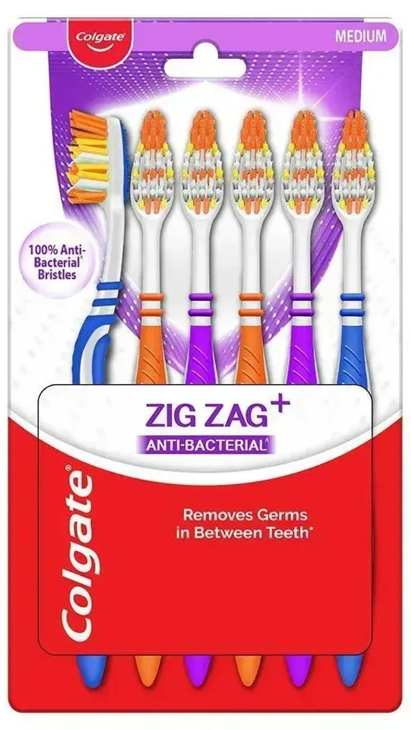 Colgate Zigzag Plus Anti-Bacterial Medium Toothbrush 6 in One Pack, 1 pcs - 1 pcs