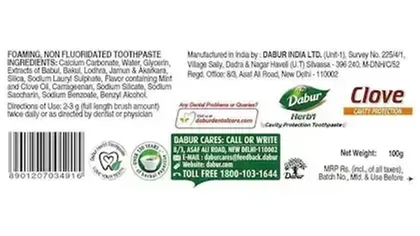 Dabur Herb'l Clove Cavity Protection Toothpaste, 100g - 50g
