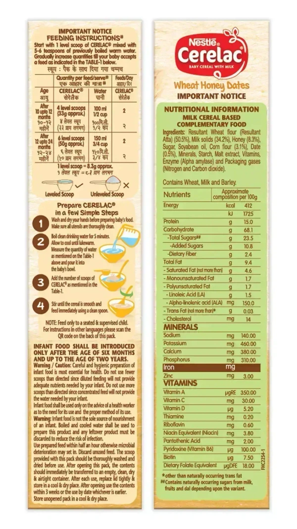 Nestle Cerelac Wheat Honey Dates From 10 To 12 Months Carton, 300g - 300g