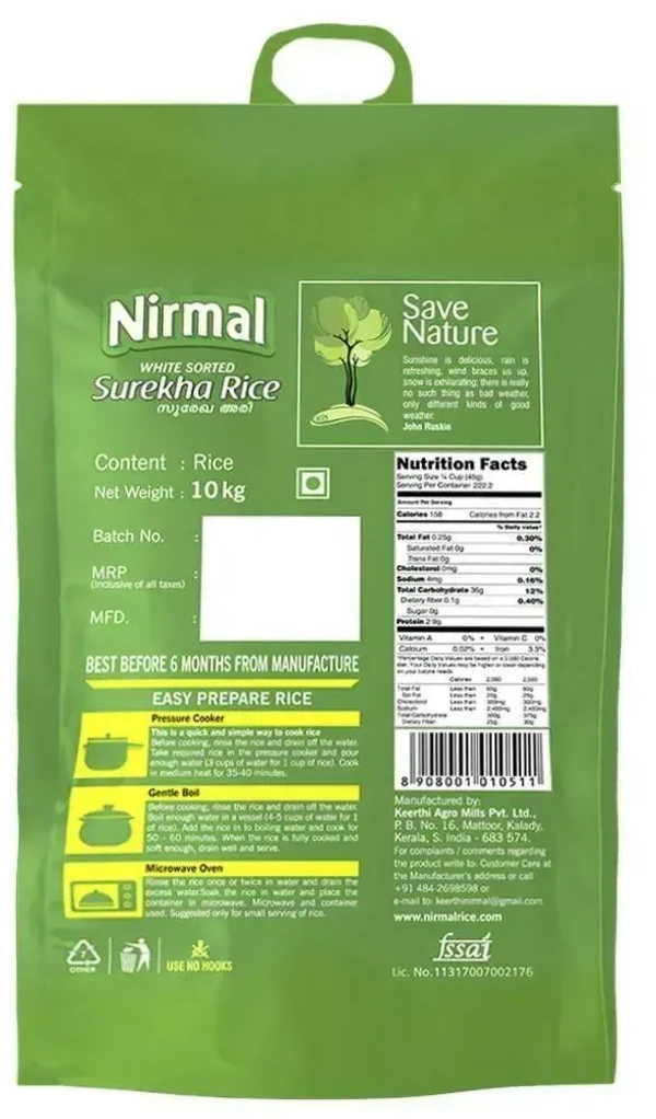 Nirmal White Sorted Surekha Rice, 10 kg - 10 kg