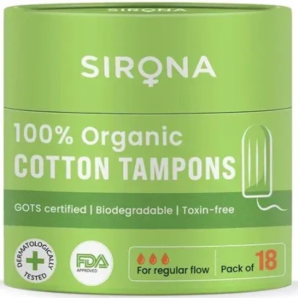Sirona Regular Flow Organic Tampons Made With 100% Organic Cotton Non Applicator Tampons 18 Nos, 18 pcs - 18 pcs