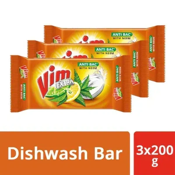 Vim Dishwash Bar Extra Anti Bac with Neem (Pack of 3x200g), 600g - 600g