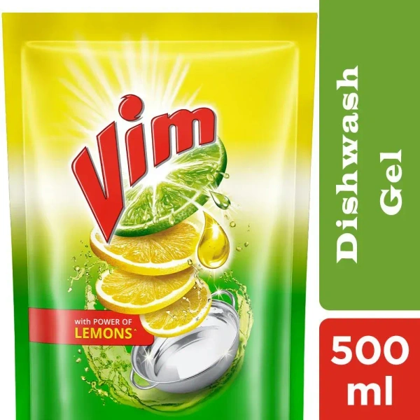 Vim Lemon Dishwash Liquid Gel Refill Pouch, 500 ml - 500 ml