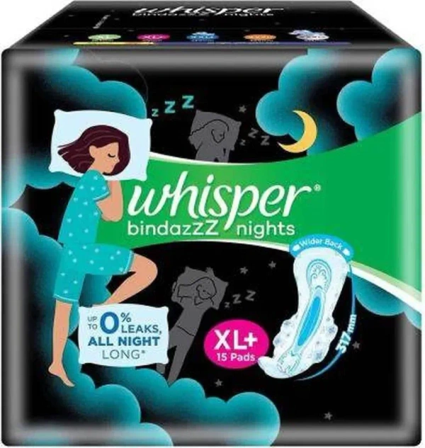 Whisper Bindazzz Nights Sanitary Pads XL+ , 15 pads - 15 pads