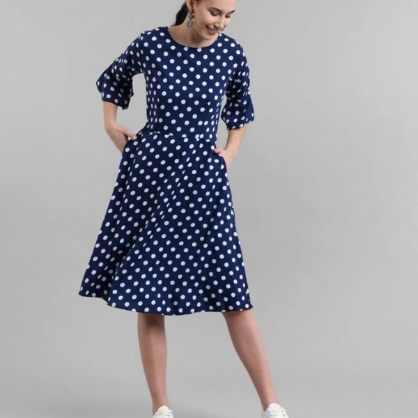 Women Nevy Blue Printed Polka Dot Midi Dress - Blue, S,M,L,X,XL