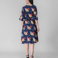 Women Crape Floral Printed Midi Dress - blue , S,M,L, X, XL