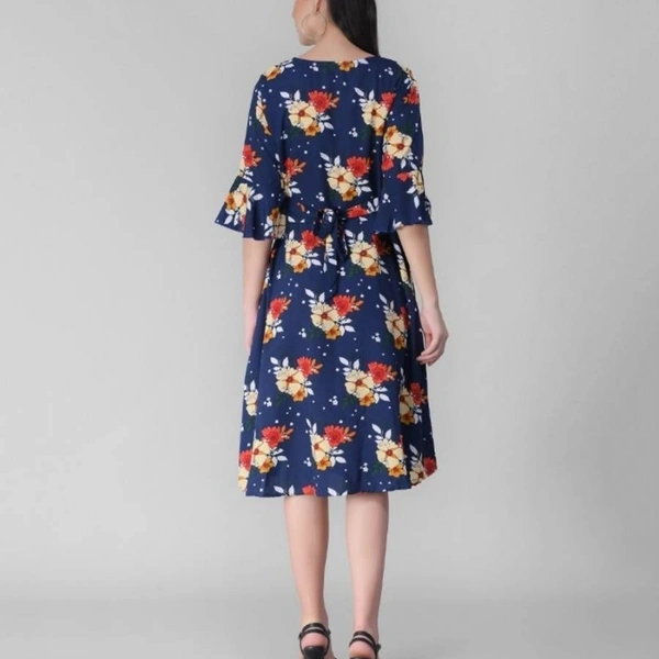 Women Crape Floral Printed Midi Dress - blue , S,M,L, X, XL