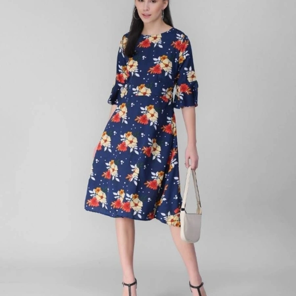 Women Crape Floral Printed Midi Dress - blue , S,M,L, X, XL