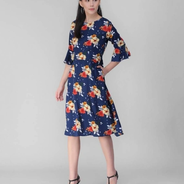 Women Crape Floral Printed Midi Dress - blue , S,M,L, X, XL